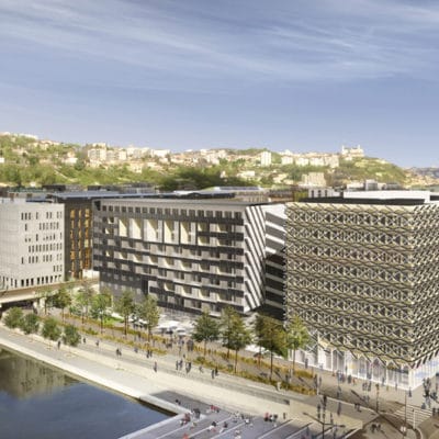 Ilot P à Lyon par Mateo Arquitectura et Dominique Perrault Architecture. 1 PERSPECTIVE AERIENNE DEPUIS LHOTEL DE REGION 400x400