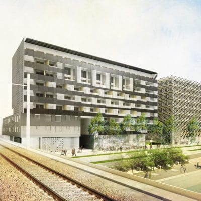 Ilot P à Lyon par Mateo Arquitectura et Dominique Perrault Architecture. 2 PERSPECTIVE DEPUIS LA VOIE FERREE 400x400