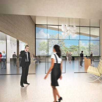 Immeuble de bureaux Ya à Boulogne-Billancourt par Studioninedots. 01 Ya Lobby 400x400