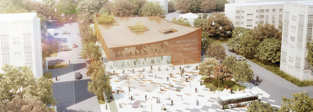 Médiathèque de Sainte Genevieve des Bois par archi5 et Calmm architecture Saintegenevievedesbois Mediatheque Vueaerienne 1200x429