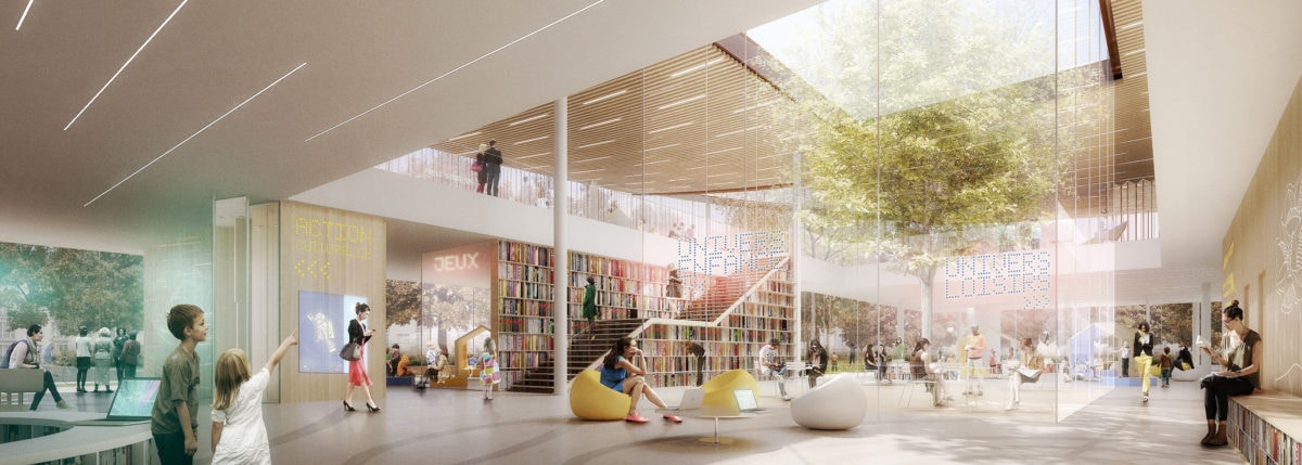 Médiathèque de Sainte Genevieve des Bois par archi5 et Calmm architecture Saintegenevievedesbois Mediatheque Vuehall 1200x429