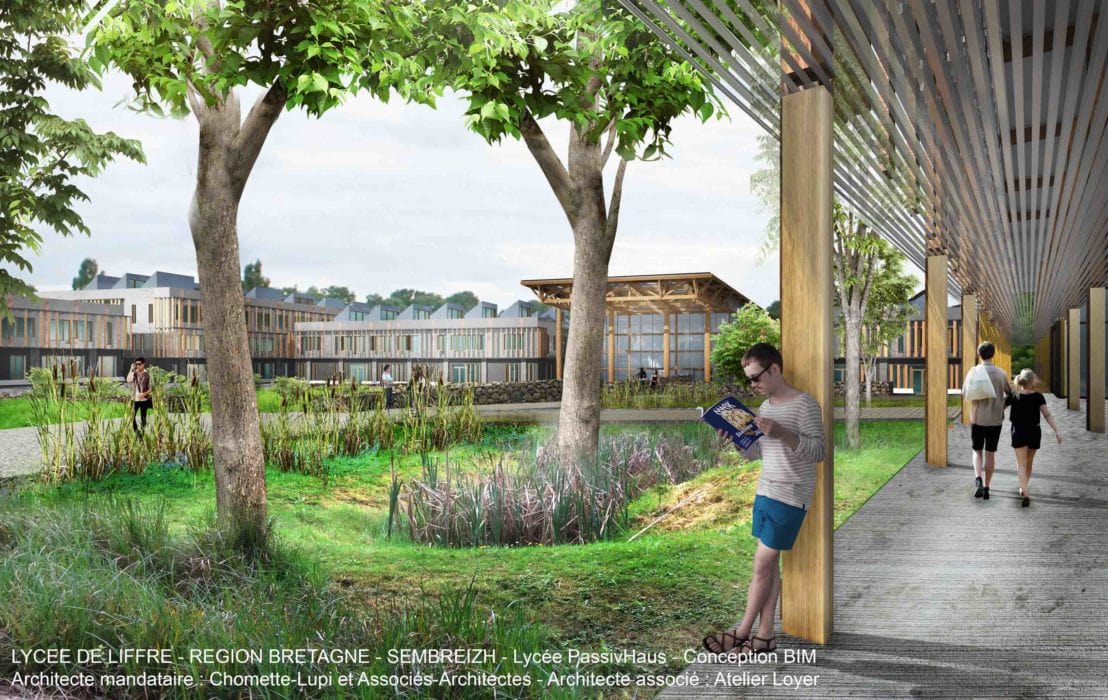 Lycée de Liffré par Chomette-Lupi et Associés - Architectes Lycee Liffre Chomette Lupi Vue Jardin 1108x700